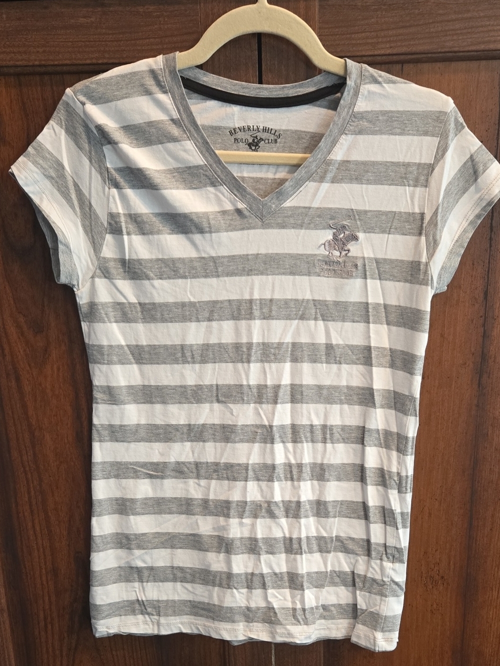 Beverly Hills Polo Club Women's Gray & White Striped V-Neck Tee with Logo